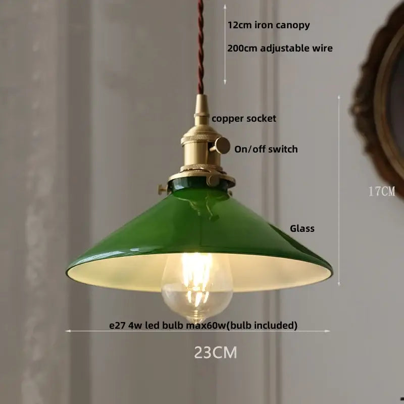 Modern yellow iron lampshade pendant light with green glass shade and brass copper socket for kitchen decorbites iron lampshade led