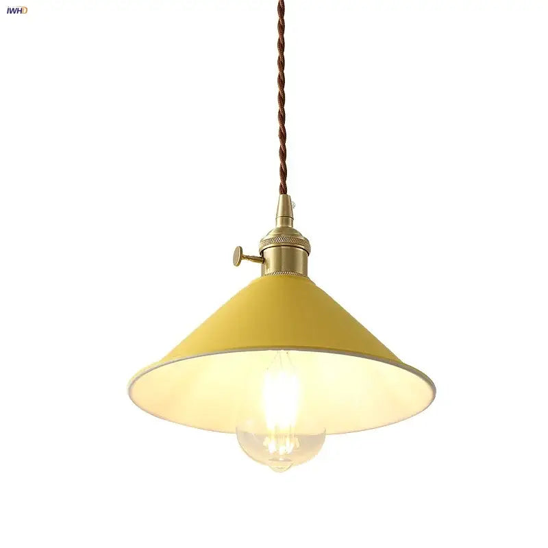 Modern yellow iron lampshade led pendant light with brass hardware and twisted brown cord for kitchen decorbites iron lampshade