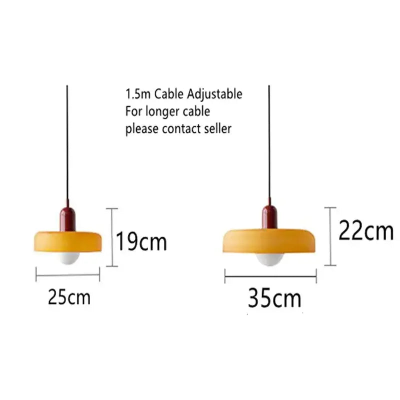 Modern yellow glass chandelier pendant light with red fixture and white bulb for bedroom lighting