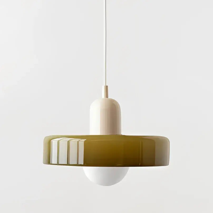 Modern yellow and olive green glass chandelier pendant light with olive glass shade and matte white stem for bedroom use