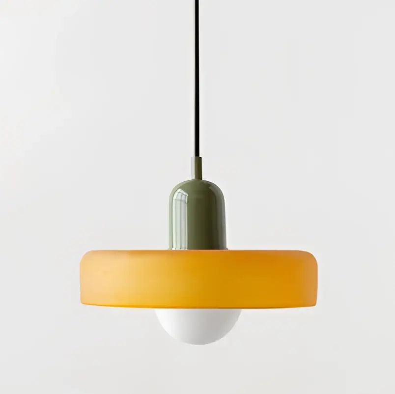 Modern yellow and olive green glass chandelier pendant light with matte olive base and amber frosted ring suspended by black cord