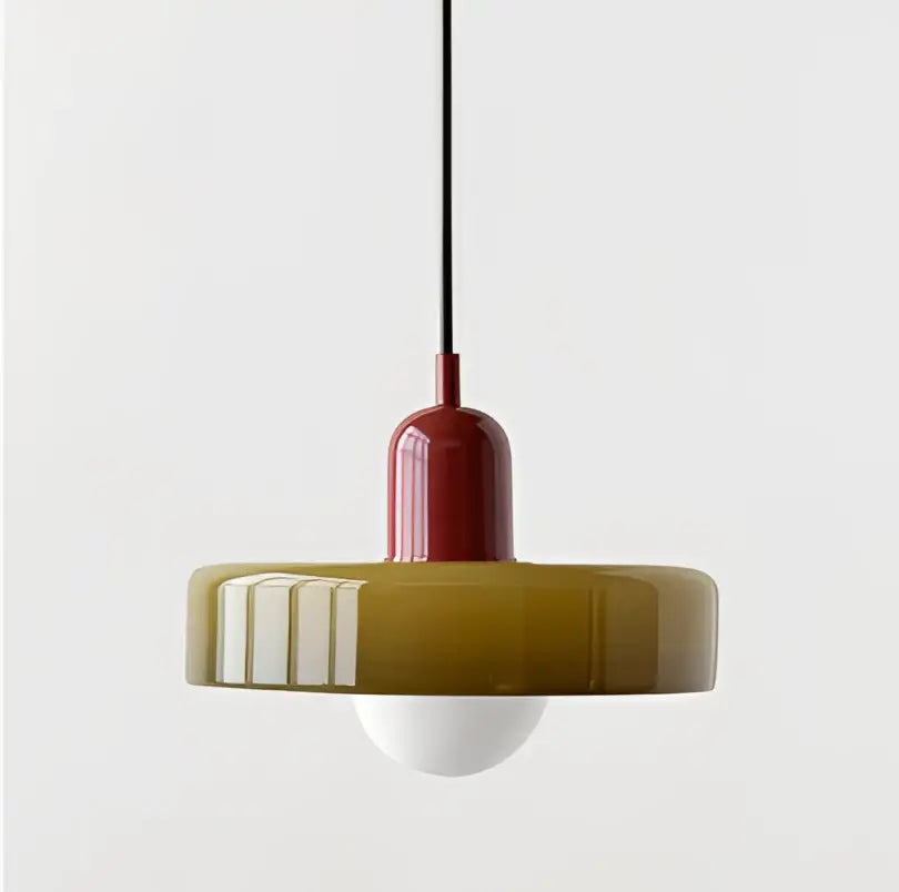 Modern yellow and olive green glass chandelier pendant light featuring an olive-green ceramic pendant light with red stem