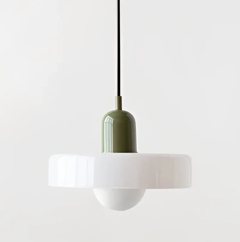 Olive-green pendant light with white fluted glass shade and sleek cylindrical stem for modern bedroom chandelier pendant light