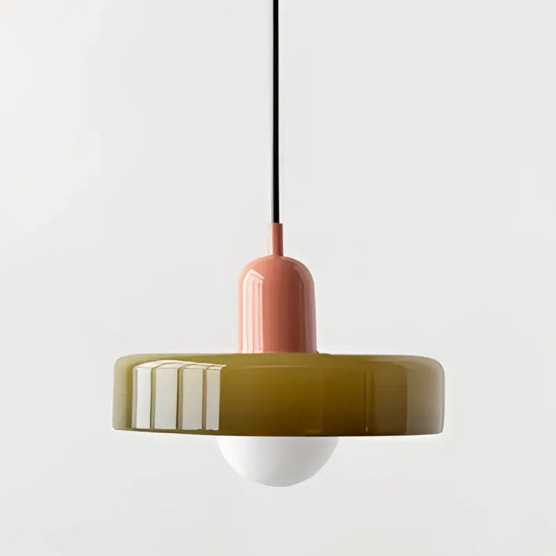 Modern yellow and olive green glass chandelier pendant light with matte olive-green shade and coral stem for bedroom