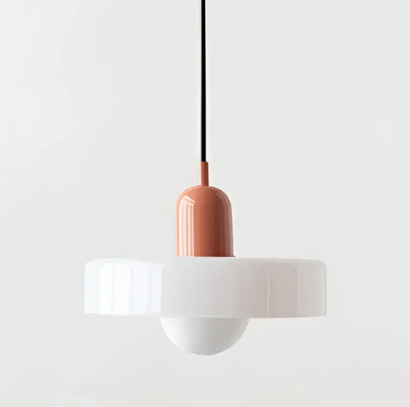 Modern yellow and olive green glass chandelier pendant light featuring a matte terracotta pendant light with white shade