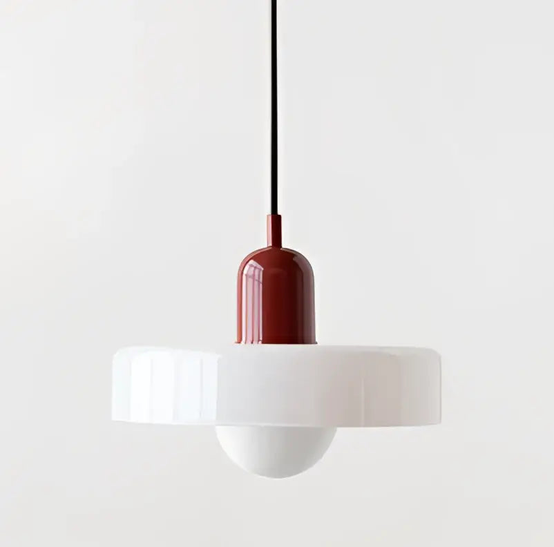 Minimalist pendant light with matte red top and white fluted glass shade for modern yellow and olive green chandelier pendant light