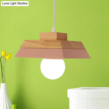 Modern Yellow/Pink and Wood Living Room Pendant Light with Geometric Metal Shade