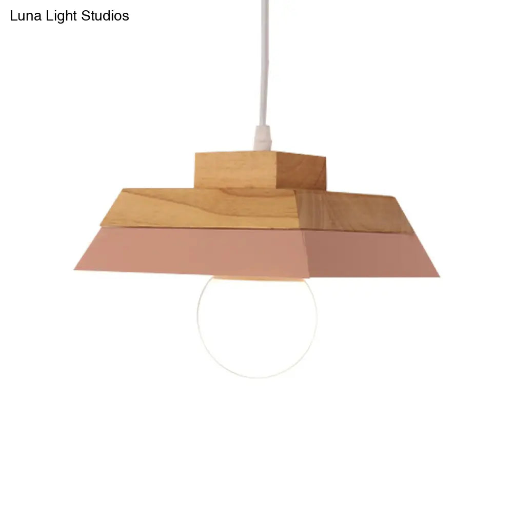 Modern Yellow/Pink and Wood Living Room Pendant Light with Geometric Metal Shade