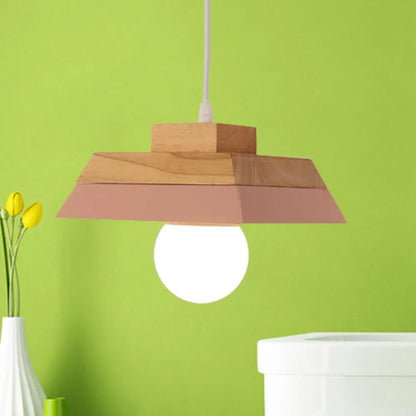 Modern Yellow/Pink and Wood Living Room Pendant Light with Geometric Metal Shade