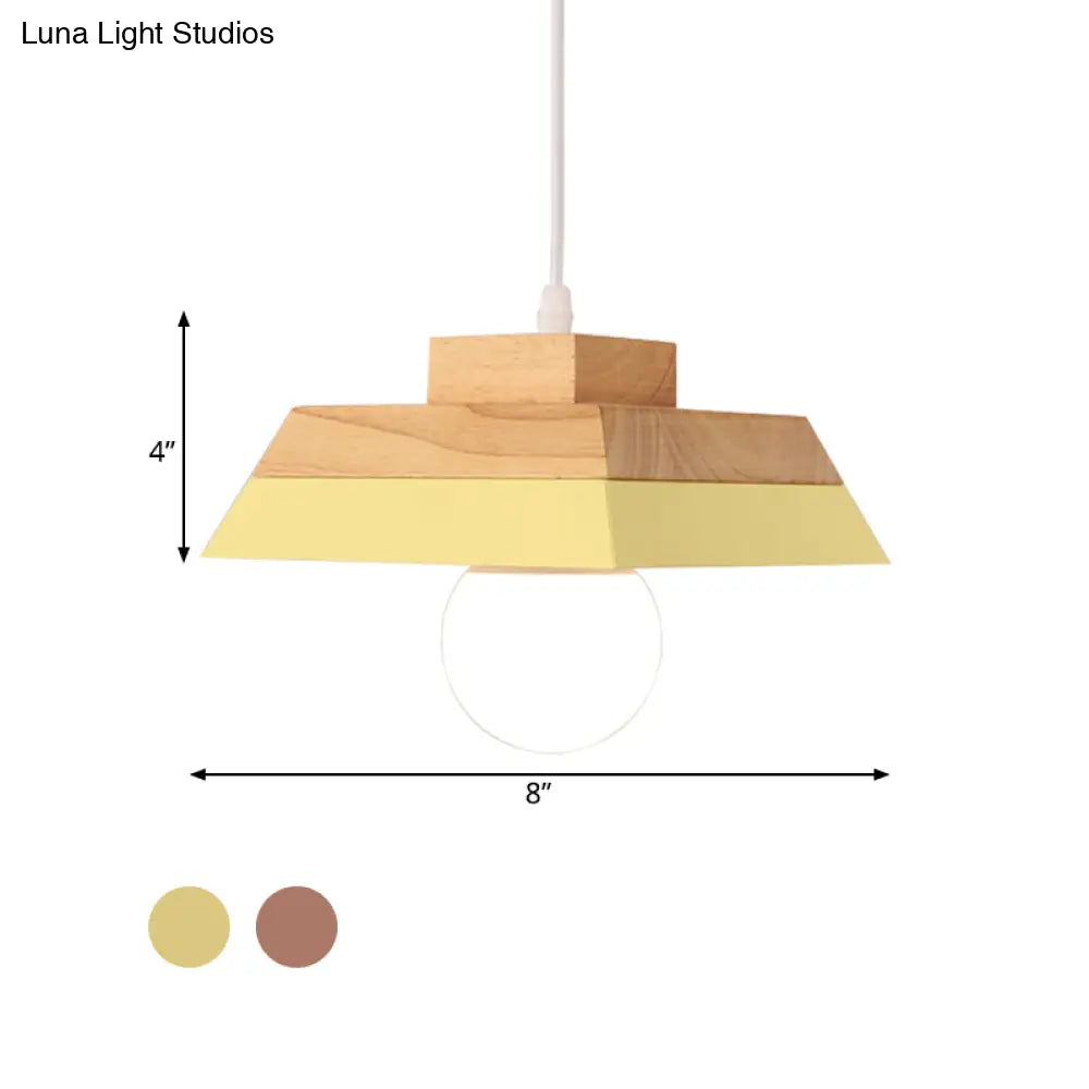 Modern Yellow/Pink and Wood Living Room Pendant Light with Geometric Metal Shade