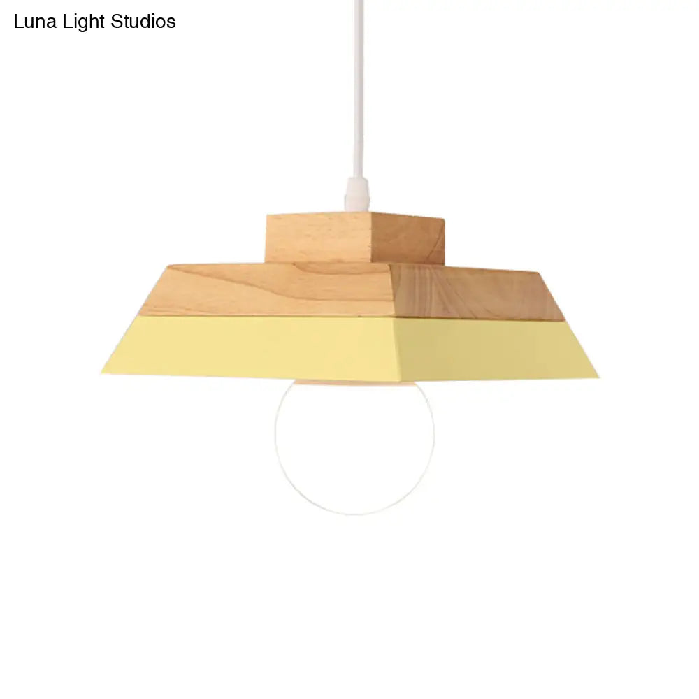 Modern Yellow/Pink and Wood Living Room Pendant Light with Geometric Metal Shade