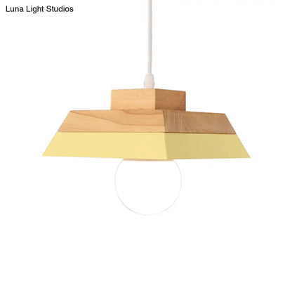 Modern Yellow/Pink and Wood Living Room Pendant Light with Geometric Metal Shade