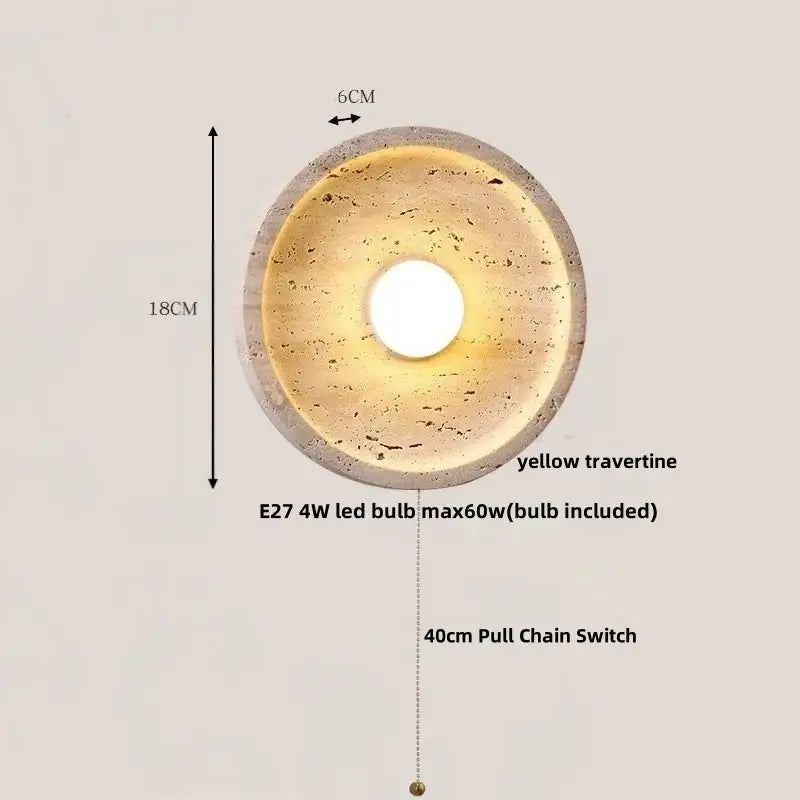Modern yellow stone led wall lamp featuring a circular yellow travertine ceiling light with e27 led bulb and concrete finish