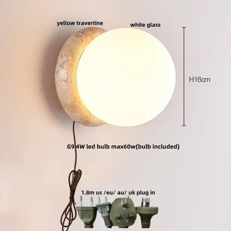 Modern yellow stone led wall lamp with textured travertine base and white glass globe for bedroom lighting