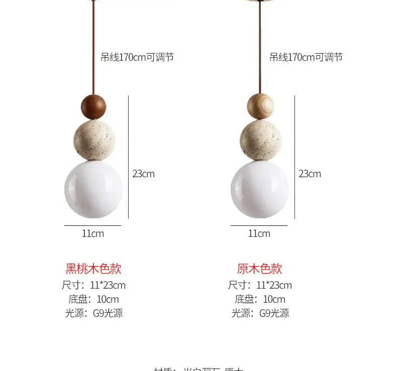 Two modern pendant lights with led bulb featuring tiered walnut wood, yellow travertine stone, and white gloss globes on cords