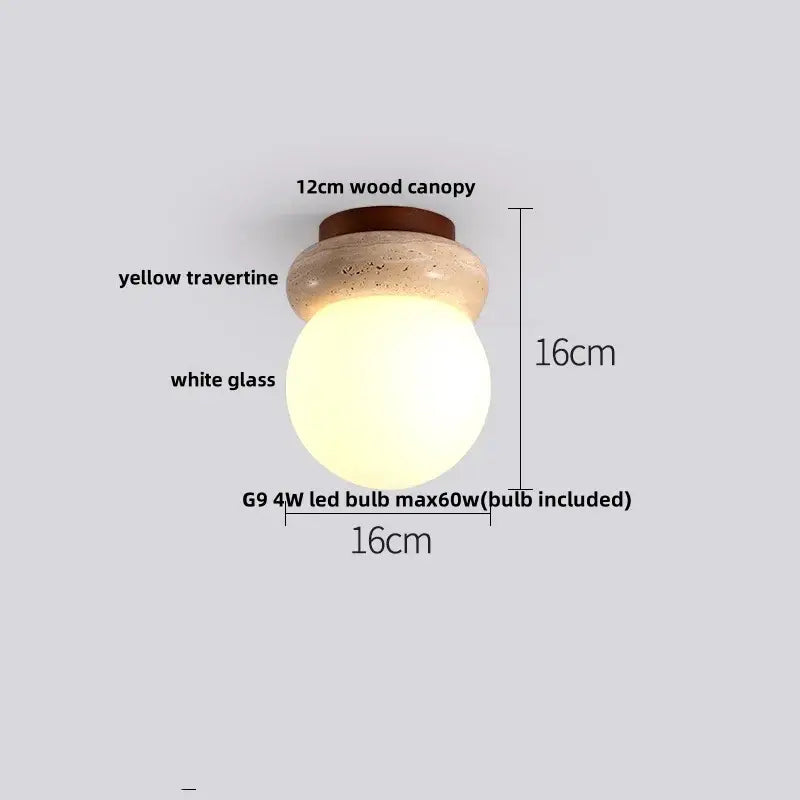 Modern yellow travertine glass ball led ceiling light with 12cm wood canopy and white glass globe for dining room decorbites ceiling light