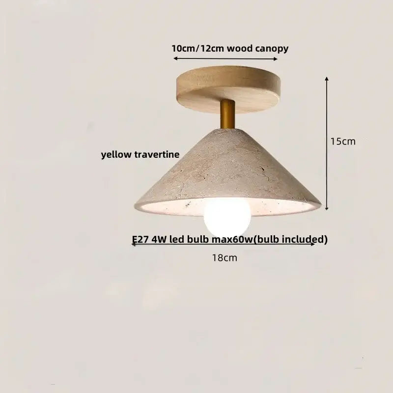 Modern yellow travertine ceiling light with a textured conical shade, wooden canopy, and brass stem for bedroom decorbites led wood