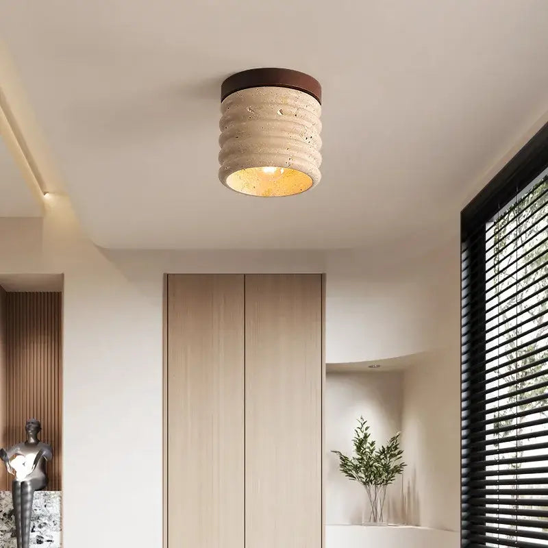 Modern yellow travertine ceiling light with textured beige concrete and dark wood top for bedroom decorbites led wood illumination