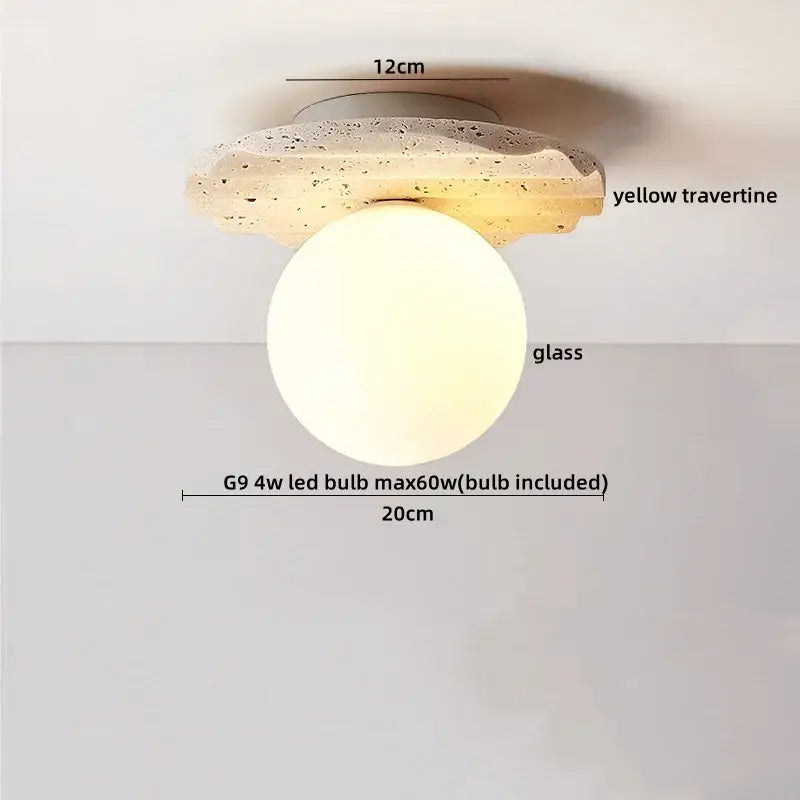 Modern ceiling light with yellow travertine base and frosted glass globe ideal for bedroom decorbites led wood lighting