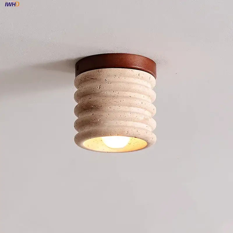 Modern yellow travertine ceiling light with beige textured concrete and brown leather-trimmed decorbites led wood design