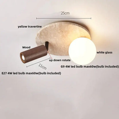Modern yellow travertine ceiling light with dark wood arm and white glass bulb for bedroom decor by decorbites led wood