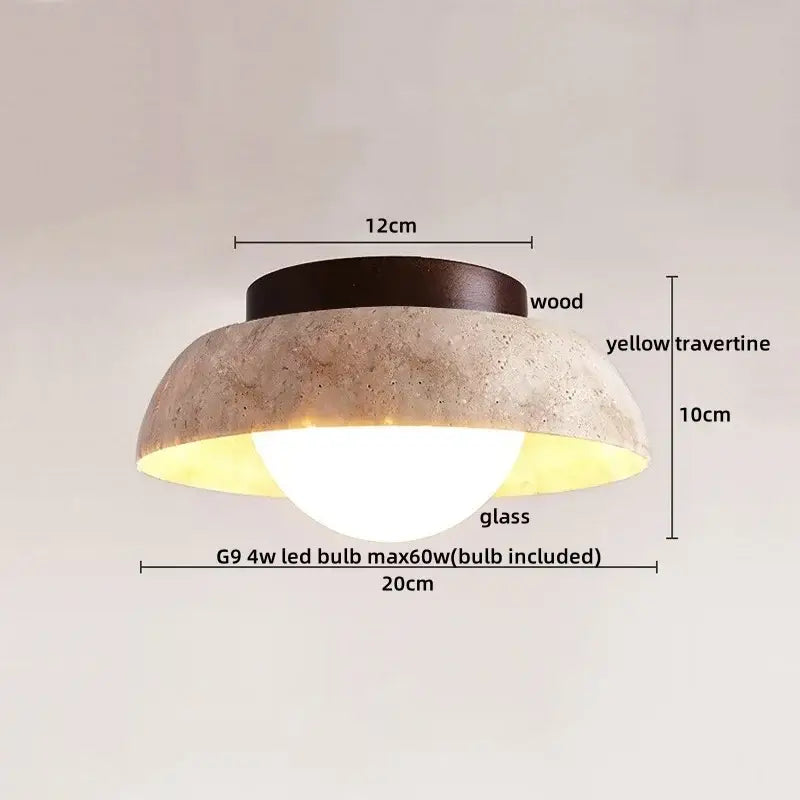 Modern yellow travertine led ceiling light with dark wood base and glass diffuser for bedroom decorbites led wood decor