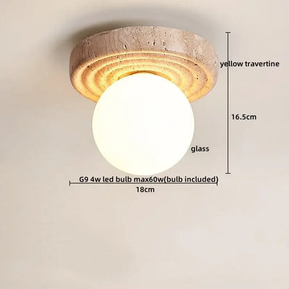 Modern yellow travertine led ceiling light with rounded glass globe and textured base for bedroom decorbites led wood design