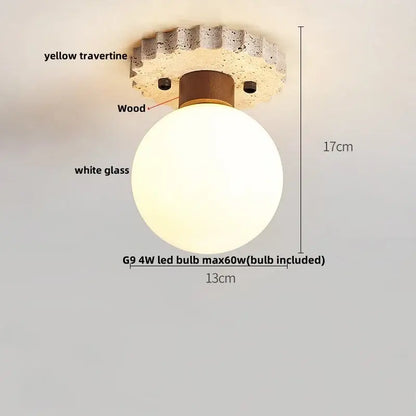 Modern yellow travertine led wood ceiling light with a rounded white glass globe for bedroom decor