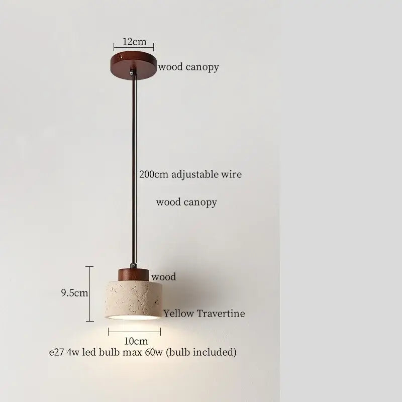 Minimalist pendant light with warm wood canopy, adjustable metal wire, and yellow travertine led shade for kitchen island decorbites yellow travertine