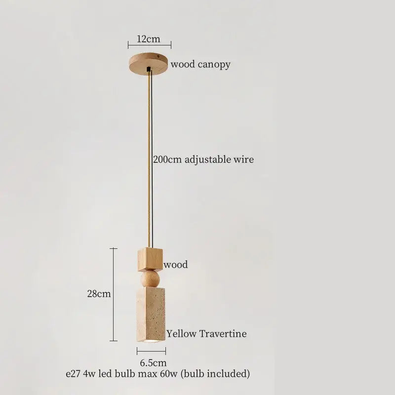Modern yellow travertine led pendant lights with natural wood canopy and brass wire for kitchen island decorbites yellow travertine