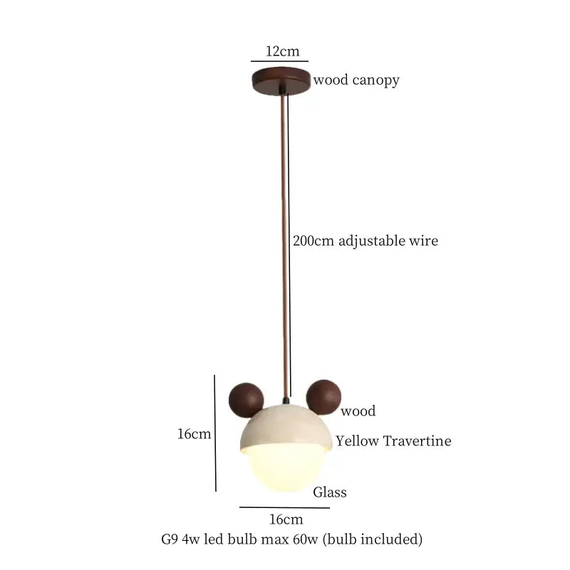 Cute wooden mouse-themed pendant light with beige decorbites yellow travertine shade and glass diffuser for kitchen island