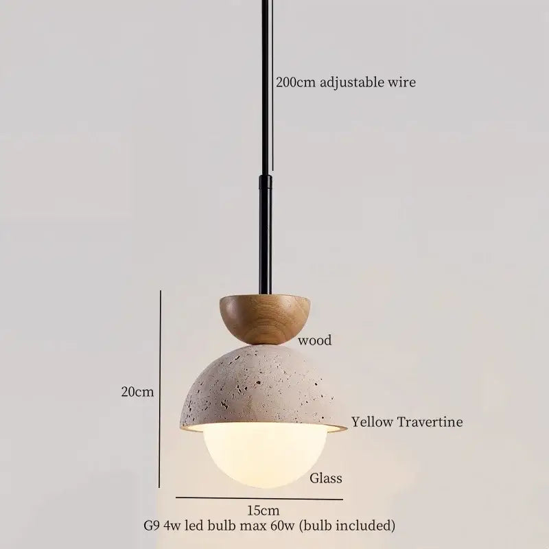 Modern yellow travertine led pendant lights featuring a matte concrete dome wood accent and frosted glass diffuser for kitchen island decorbites yellow travertine