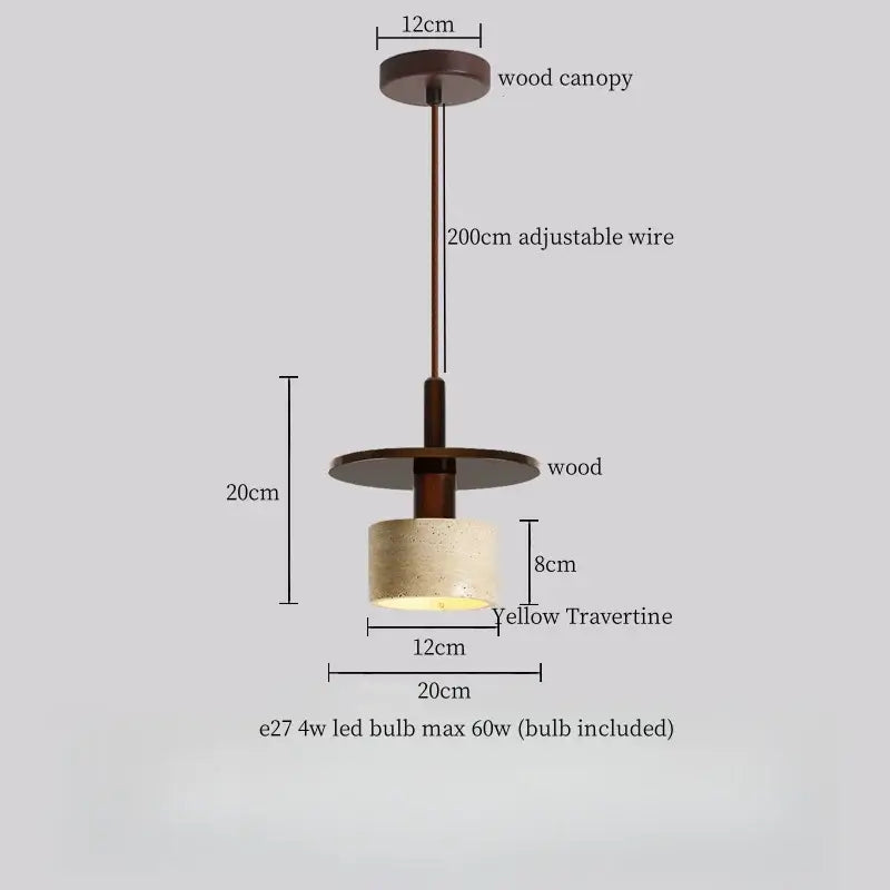 A modern pendant light with dark wood canopy and decorbites yellow travertine led cylindrical shade for kitchen island