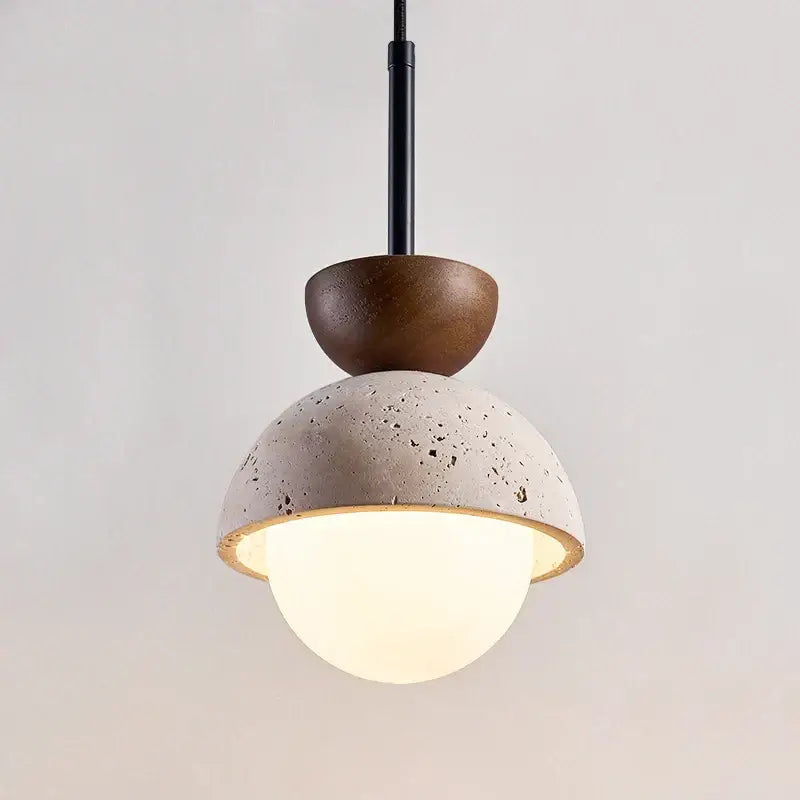 Modern yellow travertine led pendant lights feature a textured concrete dome with wooden accent and frosted glass bulb