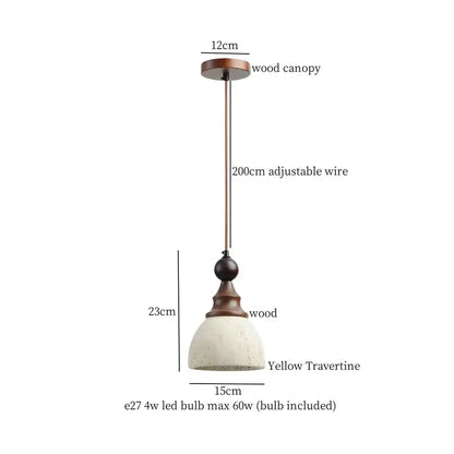 A rustic pendant light with a wood canopy and decorbites yellow travertine led shade for kitchen island decor