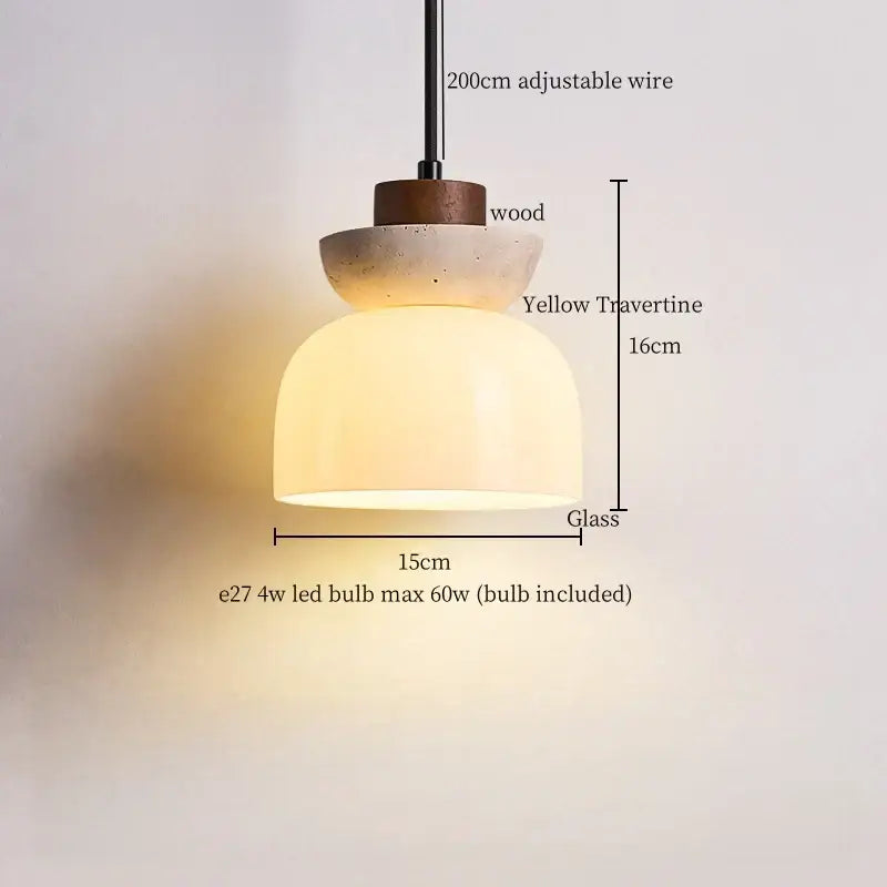 Modern yellow travertine led pendant light with warm-toned glass, wooden top, and decorbites yellow travertine base for kitchen island