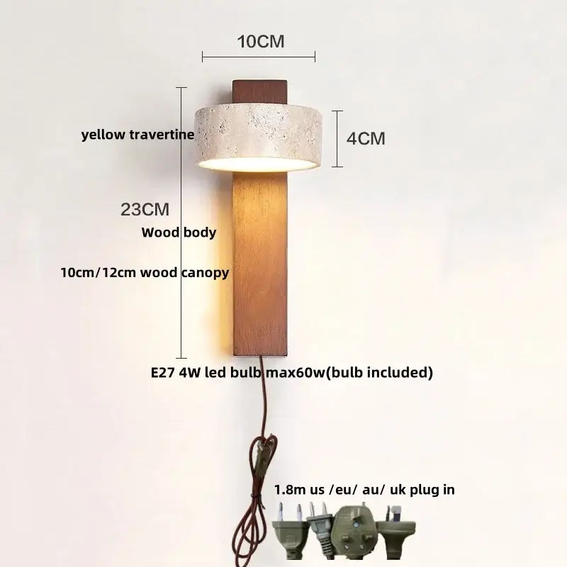 Modern yellow travertine led wall lamp with warm wood body and e27 4w led bulb for bedroom lighting