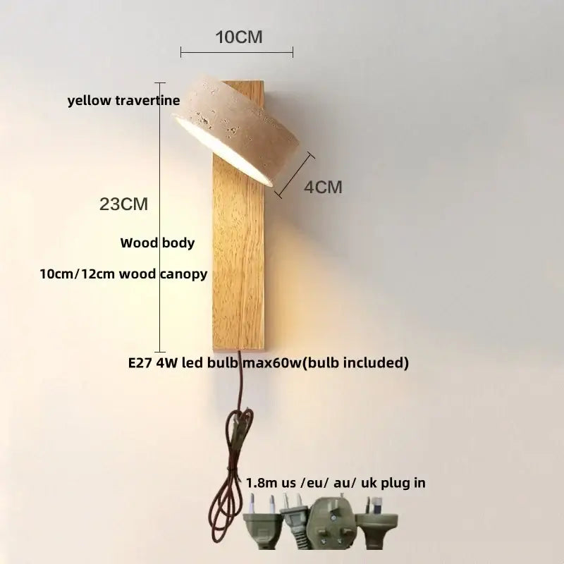 Modern yellow travertine led wall lamp with natural wood body and beige stone shade for bedroom lighting