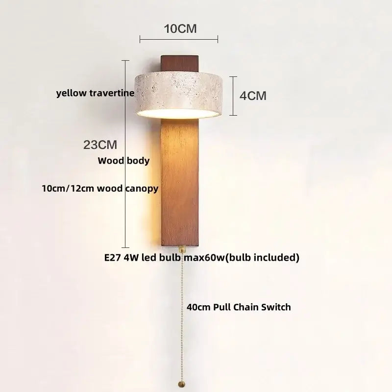 Modern yellow travertine led wall lamp with warm wood body and brass pull chain switch for bedroom lighting