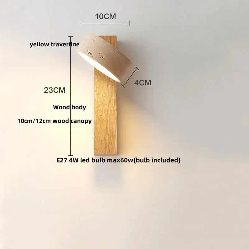 Modern yellow travertine led wall lamp with natural wood body and e27 4w led bulb for bedroom lighting