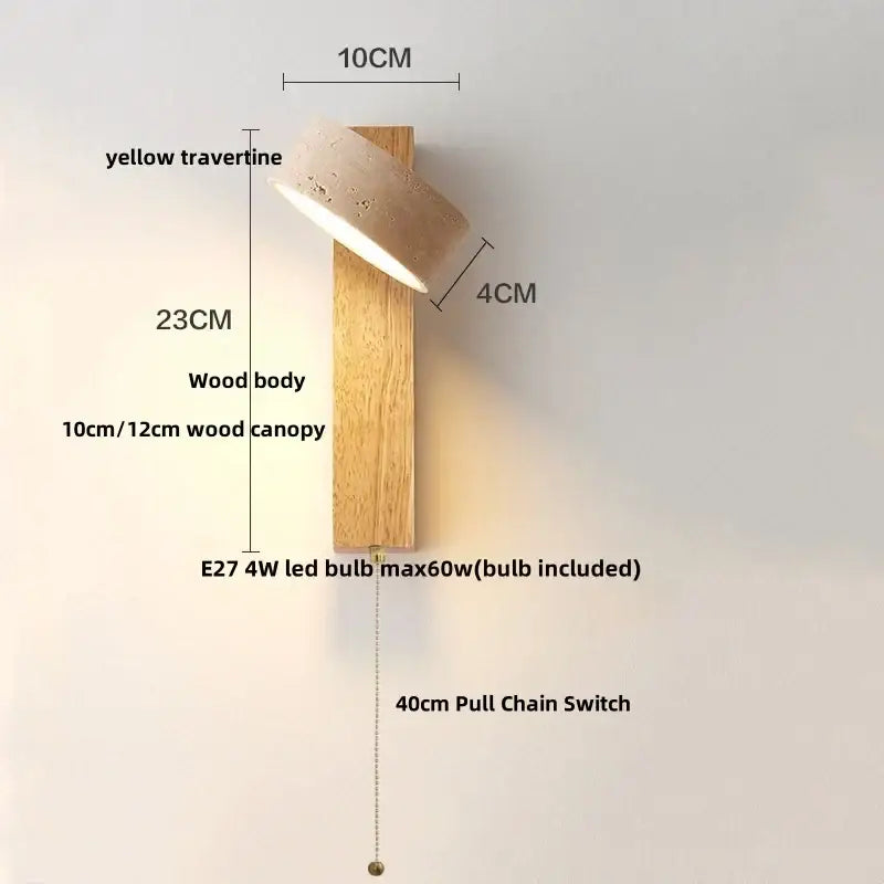 Modern yellow travertine led wall lamp with natural wood body and e27 4w led bulb for bedroom lighting
