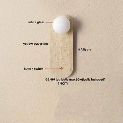 Modern yellow travertine led wall lamp with white glass globe and integrated button switch for bedroom lighting