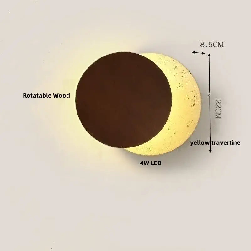 Modern yellow travertine led wall lamp with a crescent shape, dark brown wood, and 4w led for bedroom lighting