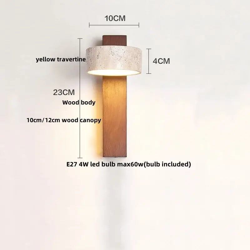 Modern yellow travertine led wall lamp with warm wood body and e27 4w led bulb for bedroom stone light fixture