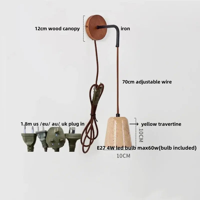 Modern yellow travertine led wall lamp with black iron arm and adjustable wire for bedroom stair light decorbites led yellow
