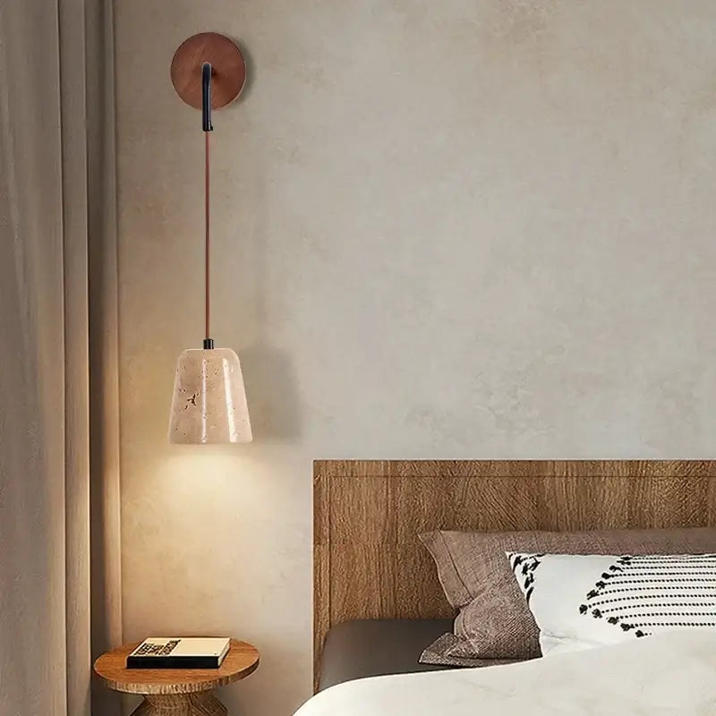 Modern yellow travertine led wall lamp with round copper base and beige glass shade for bedroom stair light decorbites led yellow