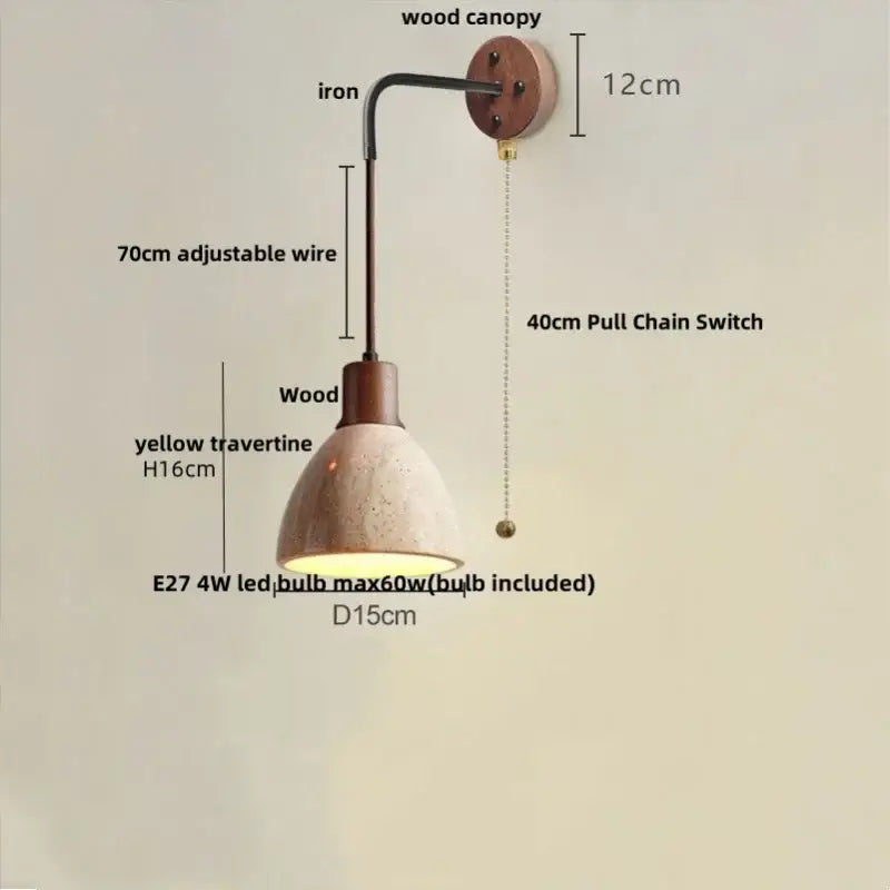 Modern yellow travertine wall lamp with wooden canopy iron arm and e27 led bulb for bedroom stair light decorbites led yellow