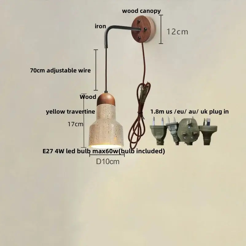 Rustic wall lamp with wooden canopy and adjustable iron arm featuring yellow travertine shade decorbites led yellow