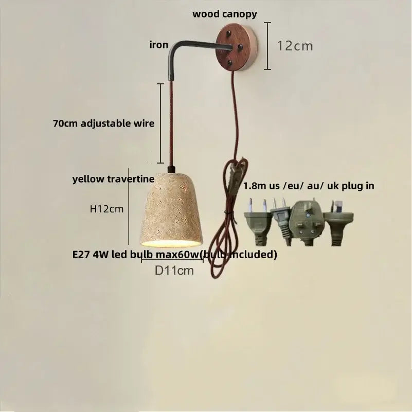 Modern yellow travertine led wall lamp with wooden canopy and iron arm for bedroom stair light decorbites led yellow