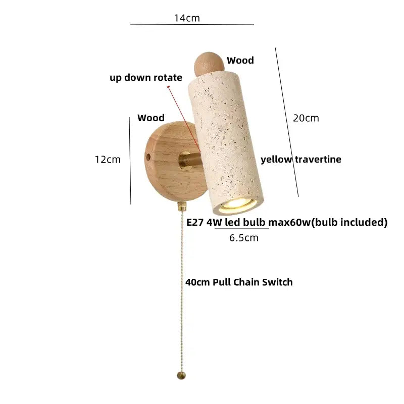 A modern yellow travertine led wall sconce with a wooden base and up-down rotating head for bedroom decorbites led wall use
